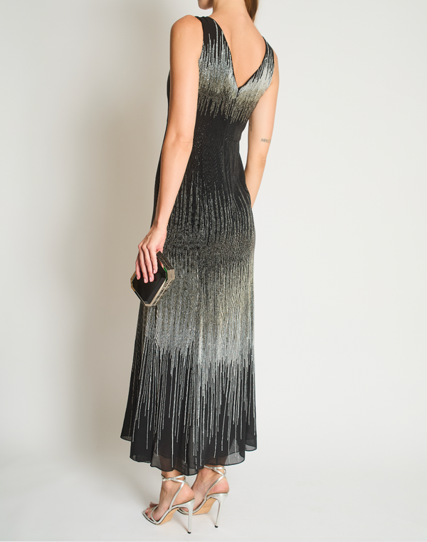 Oscar De La Renta Black and Silver Beaded Midi Dress With Crystal Applique Details Size US 4 (UK 8)