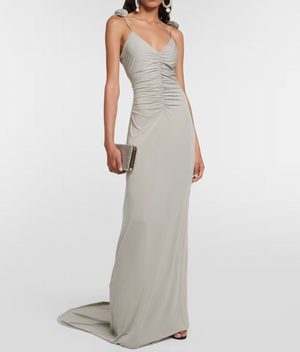 Magda Butrym Grey Maxi Dress with Ruch Detail and Rose Apliquee Size FR 34 (UK 6) RRP £1,450