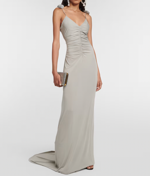 Magda Butrym Grey Maxi Dress with Ruch Detail and Rose Apliquee Size FR 34 (UK 6) RRP £1,450