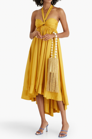 Zimmermann Yellow Asymmetric Gathered Silk-Voile Halterneck Midi Dress Size 0 (UK 8) RRP £1,520