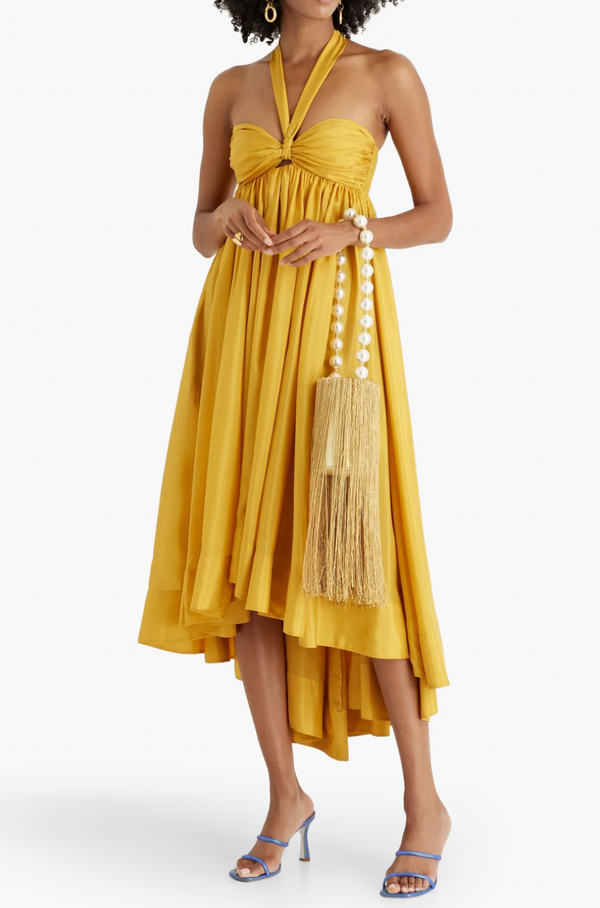 Zimmermann Yellow Asymmetric Gathered Silk-Voile Halterneck Midi Dress Size 0 (UK 8) RRP £1,520