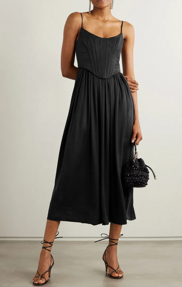Zimmermann Black Silk Midi Dress with Pleated Skirt and Corset Detail Size 0 (UK 8)
