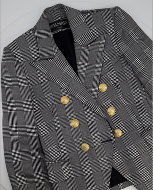 Balmain Black & White Checked Cotton Blazer with Gold Buttons Size FR 36 (UK 8)