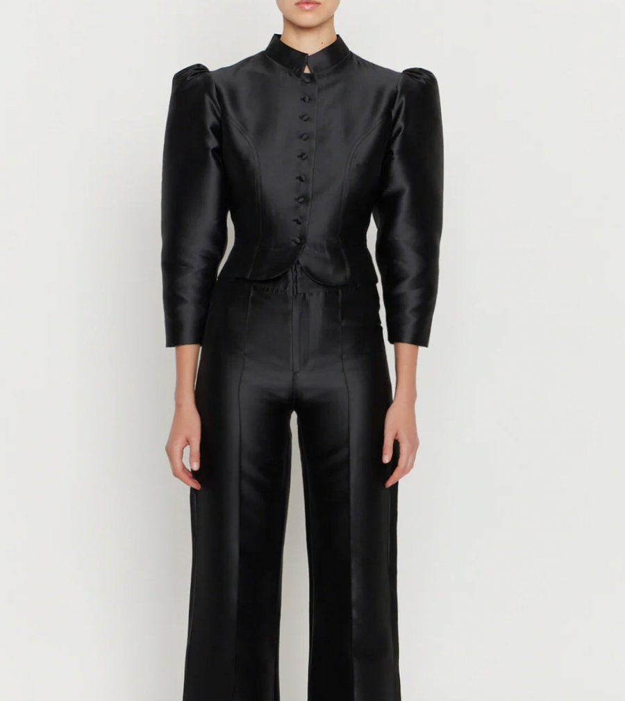 Destree Black SatinCropped Jacket with Puff Sleeves Size XS (UK 6) RRP £450