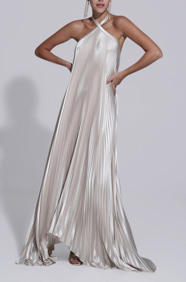 L'Idée Champagne Pleated Déesse Gown Dress Size US 4 (UK 8) RRP £352