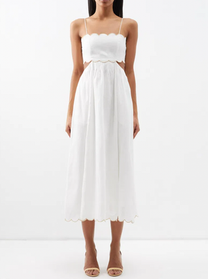 Zimmermann White Devi Linen Midi Dress with Cutout Detail and Beige Trim Detail Size US 0 (UK 8)