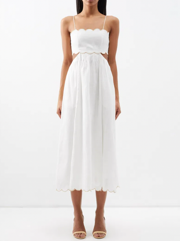 Zimmermann White Devi Linen Midi Dress with Cutout Detail and Beige Trim Detail Size US 0 (UK 8)