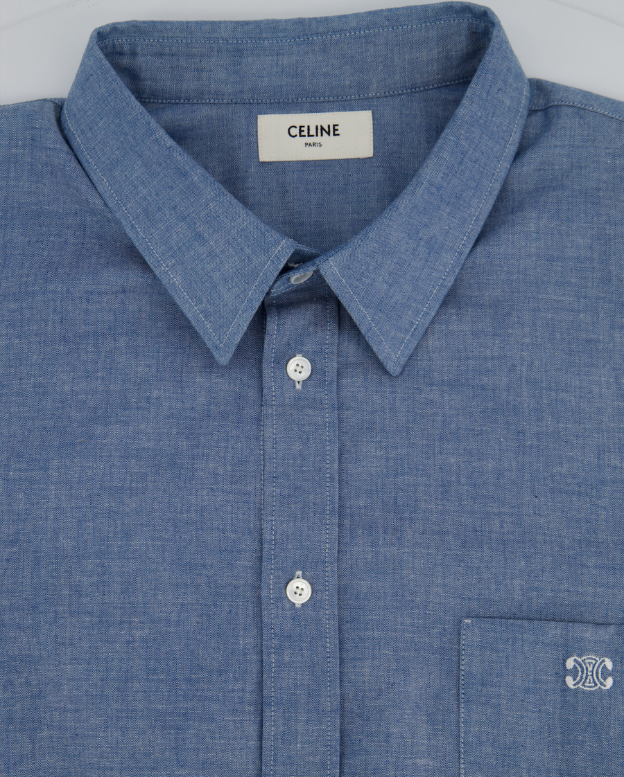 Celine Blue Menswear Triomphe Button Down Shirt Size FR 44 (UK 34)