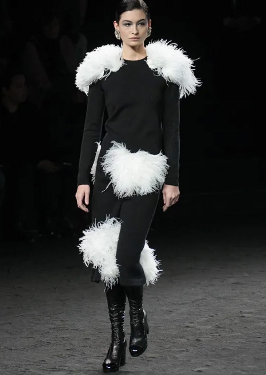 Chanel A/W 2023 Black Cashmere Jumper with White Ostrich Feathers Size FR 36 (UK 8)