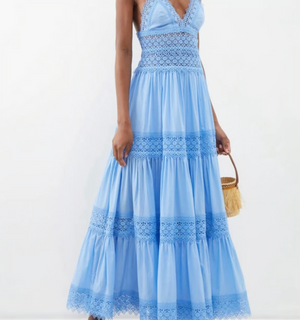 Charo Ruiz Blue Cotton Cindy Maxi Dress with Lace Detail Size S (UK 8)