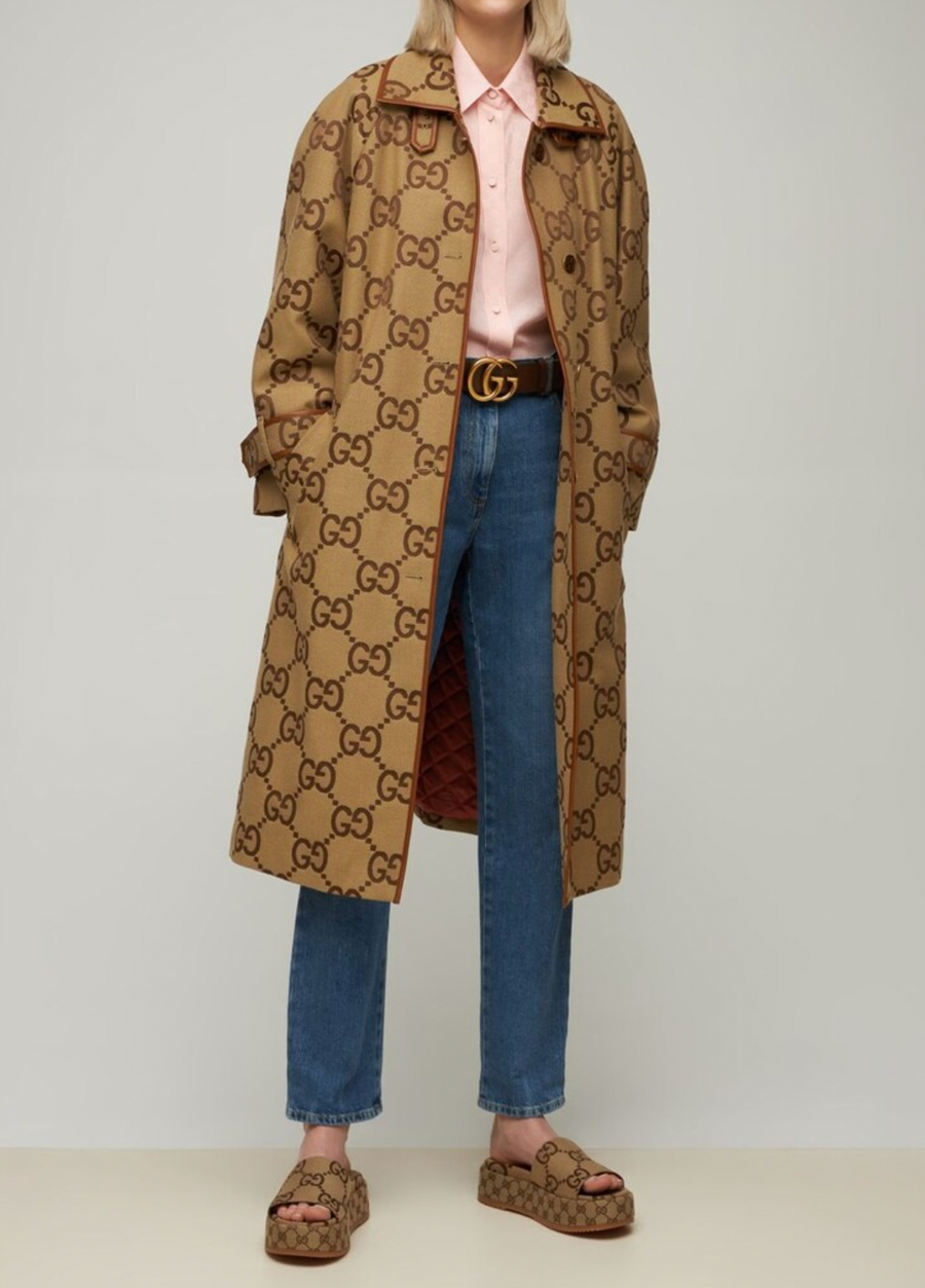 Gucci Beige GG Monogram Coat with GG Logo Buttons and Leather Trim Detail Size IT 40 (UK 8) RRP £2,900