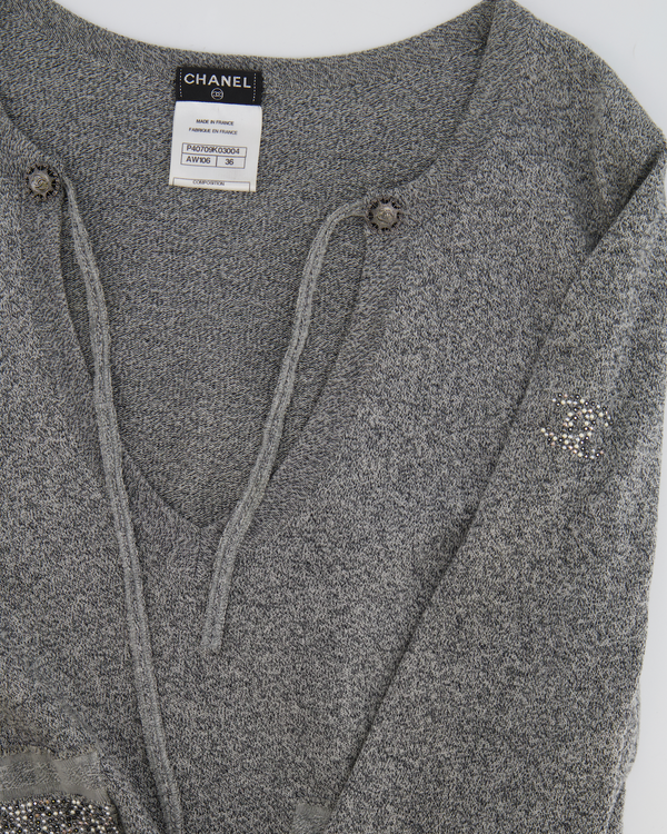 Chanel Grey Long-Sleeve Embellished Dress With CC Logo FR 36 (UK 8)