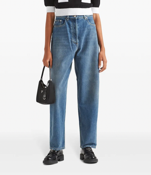 Prada Blue High-Rise Straight Leg Jeans with Black Logo Detail Size 26 (UK 8) RRP £980