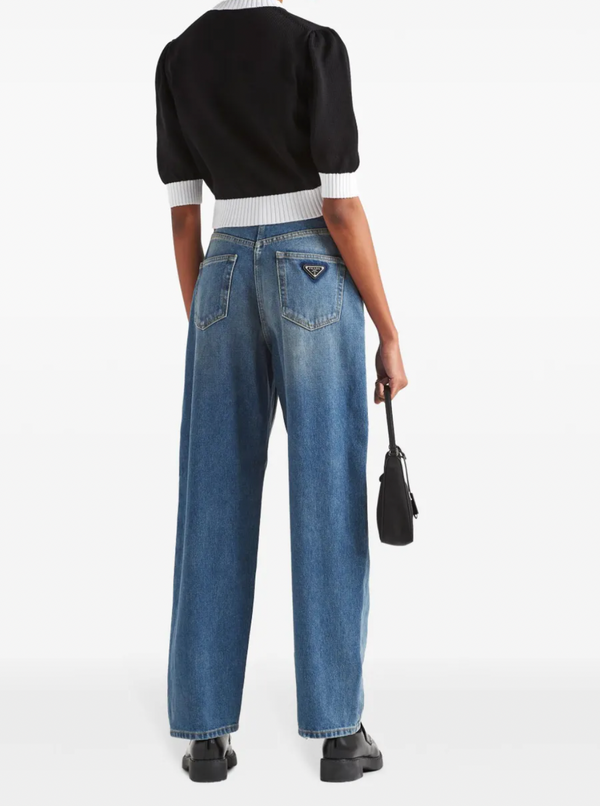 Prada Blue High-Rise Straight Leg Jeans with Black Logo Detail Size 26 (UK 8) RRP £980