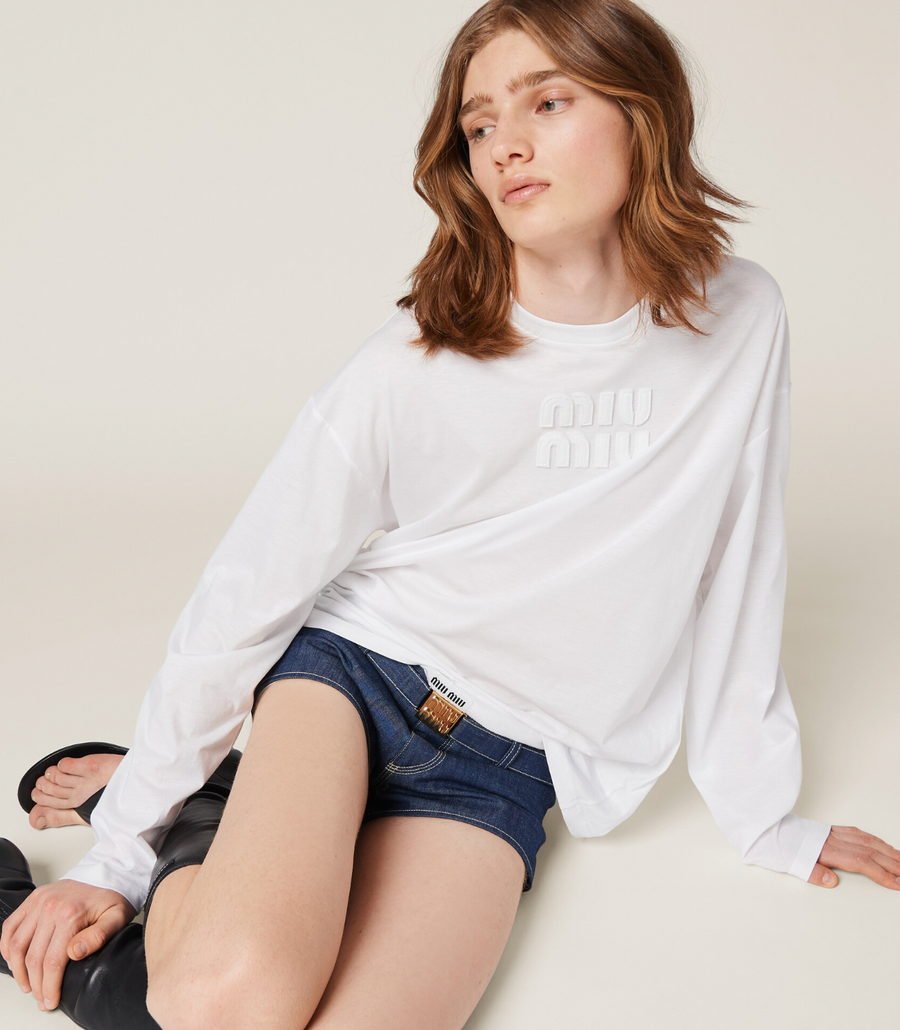 Miu Miu White Long Sleeve Top with Stitched Logo Detail Size M (UK 10) RRP £670