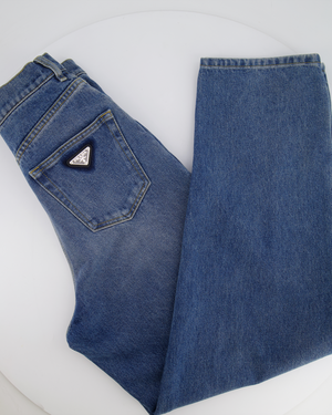 Prada Blue High-Rise Straight Leg Jeans with Black Logo Detail Size 26 (UK 8) RRP £980
