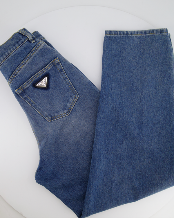Prada Blue High-Rise Straight Leg Jeans with Black Logo Detail Size 26 (UK 8) RRP £980