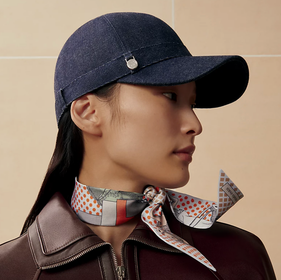 Hermès Denim Joanne Cap with Silver Logo Charm Detail Size 57 RRP £500