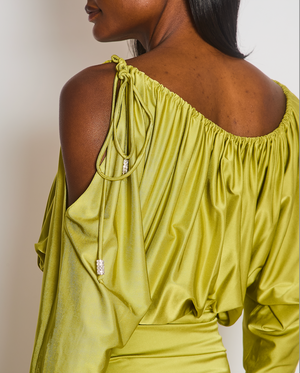 Alexandre Vauthier Green Cold Shoulder Ruched Midi Dress with Embellished Tie Detail Size FR 36 (UK 8)