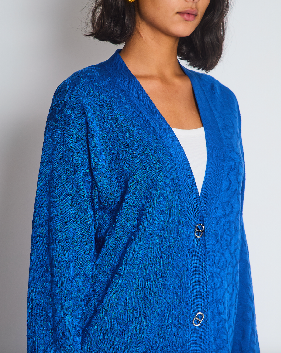 Hermès Electric Blue Silk & Cotton Long Cardigan with Chaine D'Ancre Buttons Size FR 36 (UK 8)