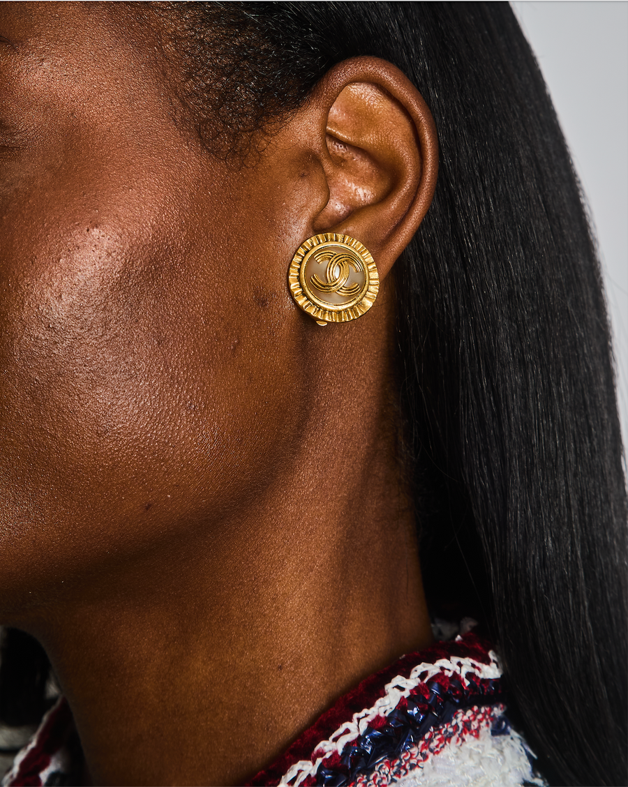 Chanel Vintage 94A Mother of Pearl and Gold Clip on Earrings with Rouched Border Detail and CC Logo