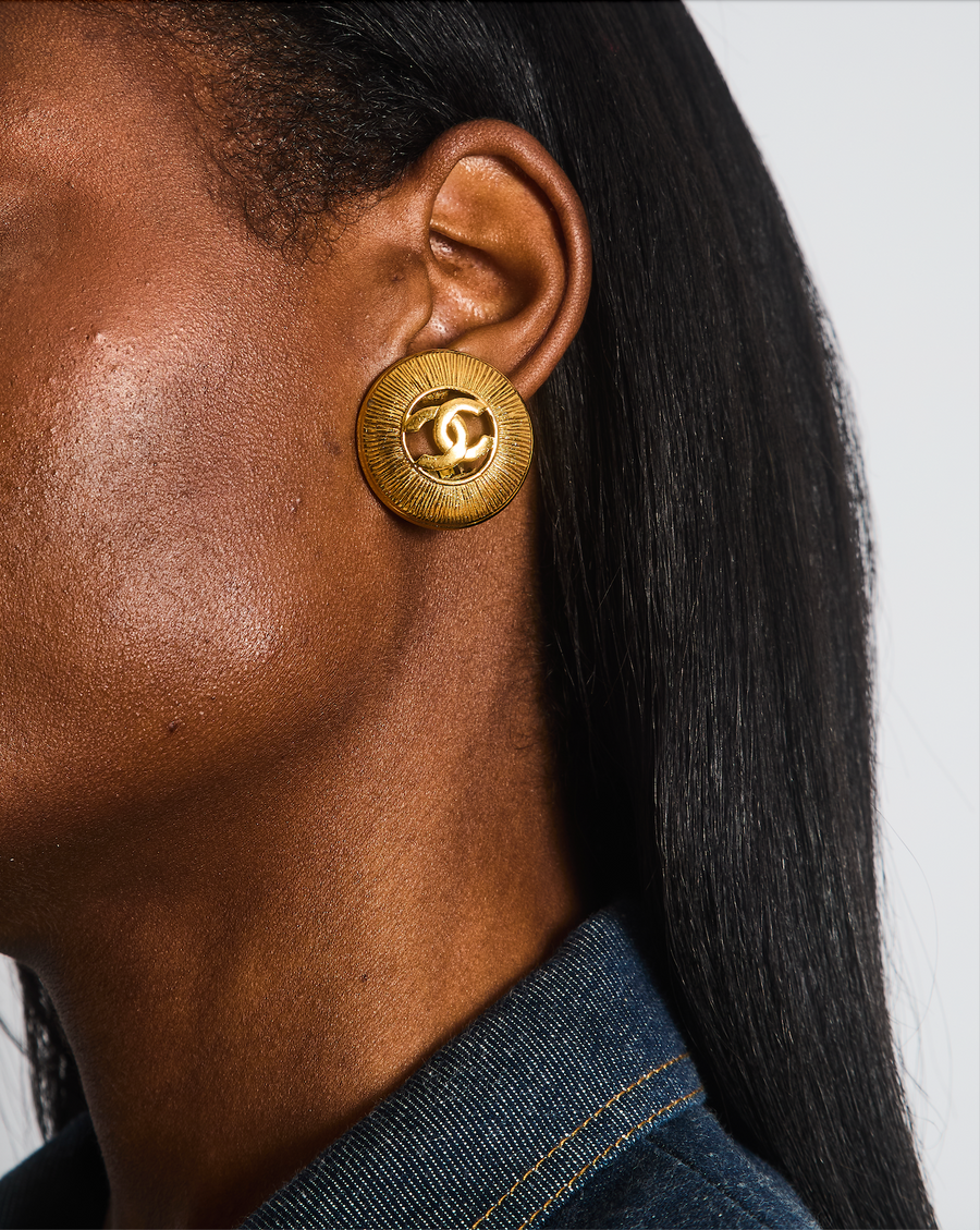 Chanel Vintage Gold Large Round Button Clip On Earrings with Striped Detail and CC Logo