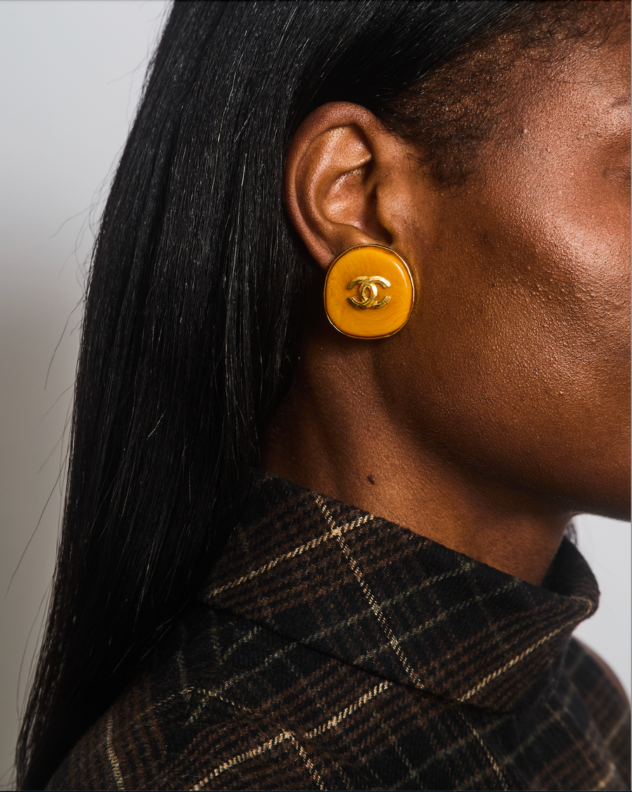 Chanel Vintage 98P Orange Rounded Clip On Earrings with Gold Rim and CC Logo Detail