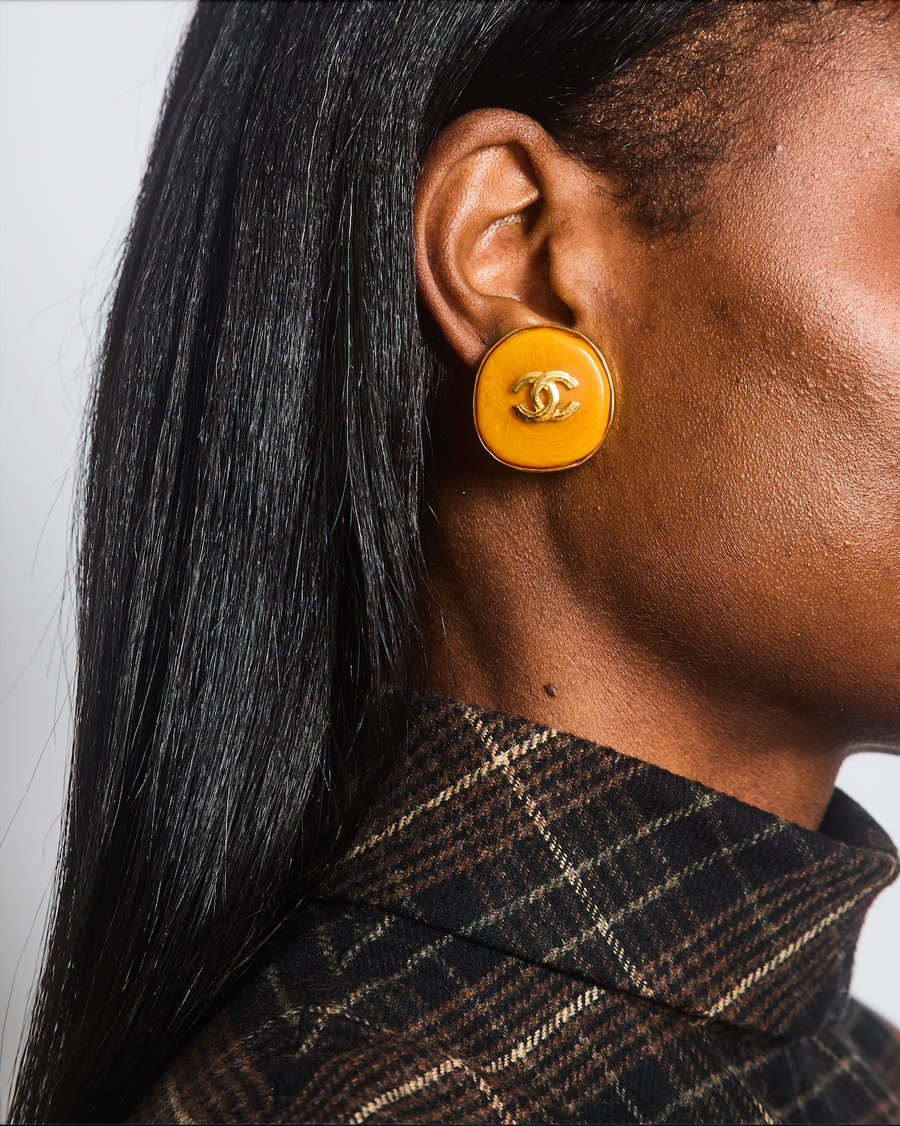 Chanel Vintage 98P Orange Rounded Clip On Earrings with Gold Rim and CC Logo Detail