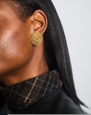 Chanel Vintage 94A Gold Round Cabled Spiral Clip on Earrings with CC Logo Detail