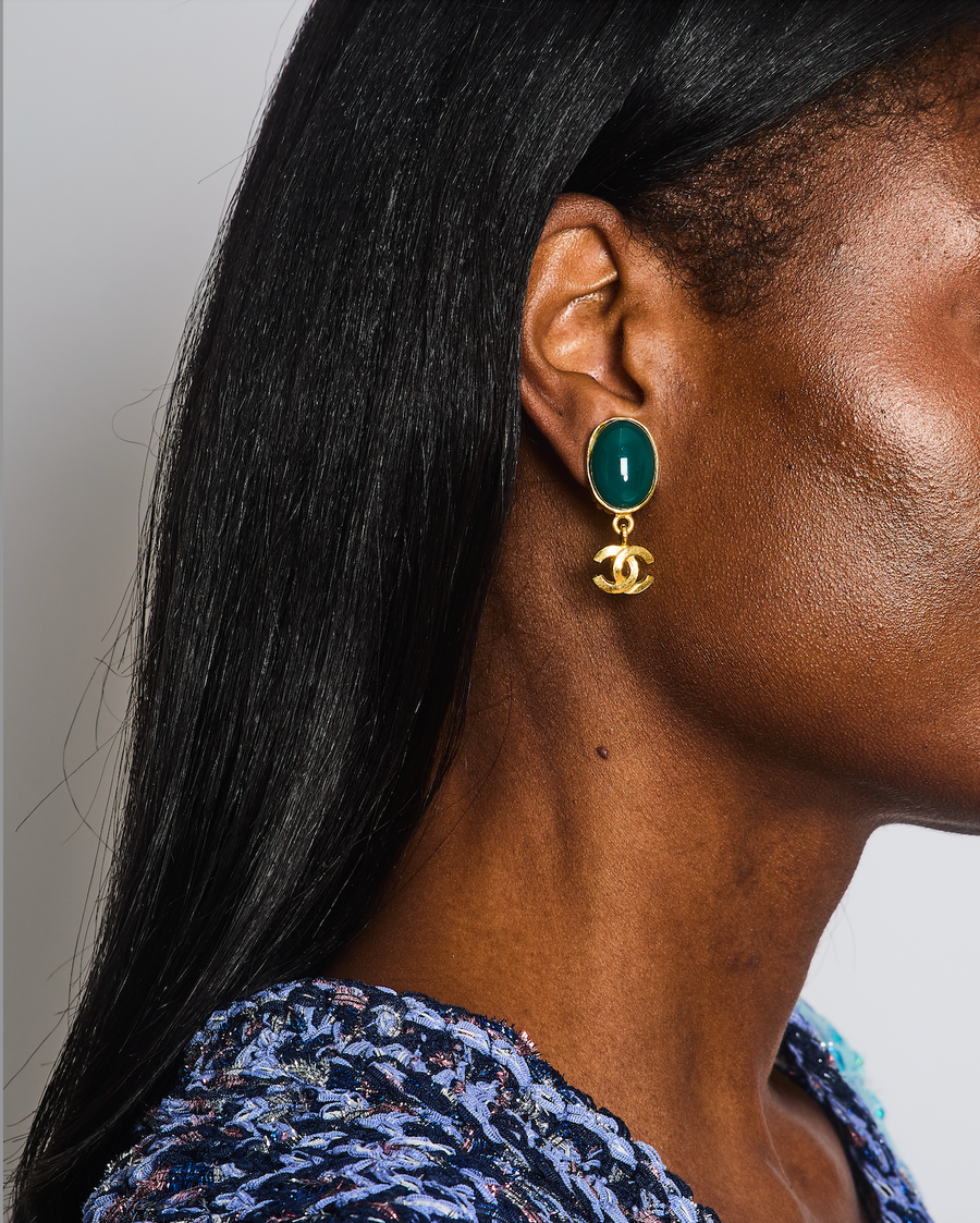 Chanel Vintage 95A Forest Green Stone Pendant Clip On Earrings with Gold Rim and CC Logo