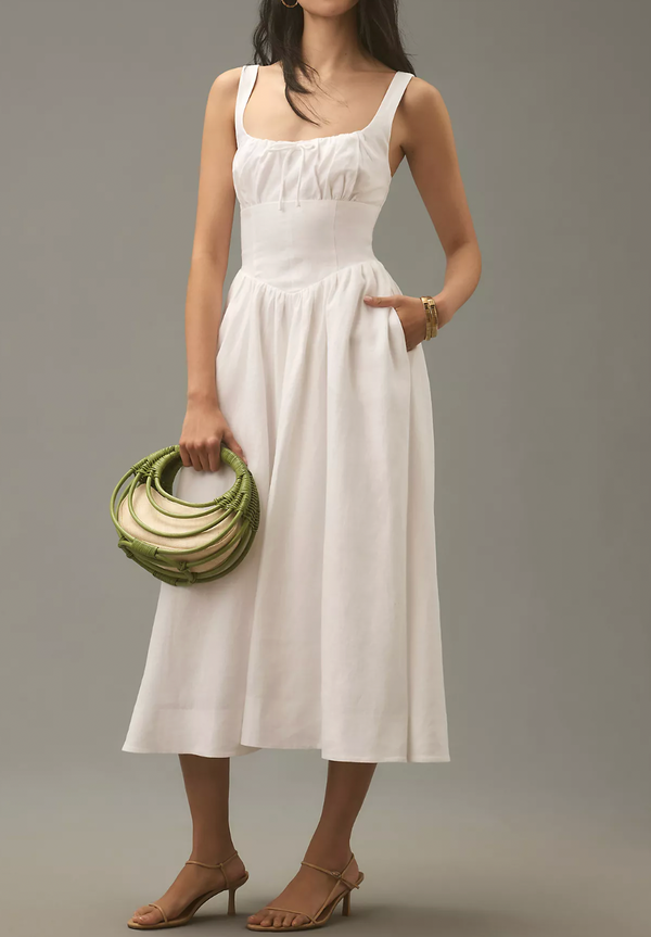Reformation White Linen Balia Midi Dress with Corset Detail Size US 4 (UK 8)