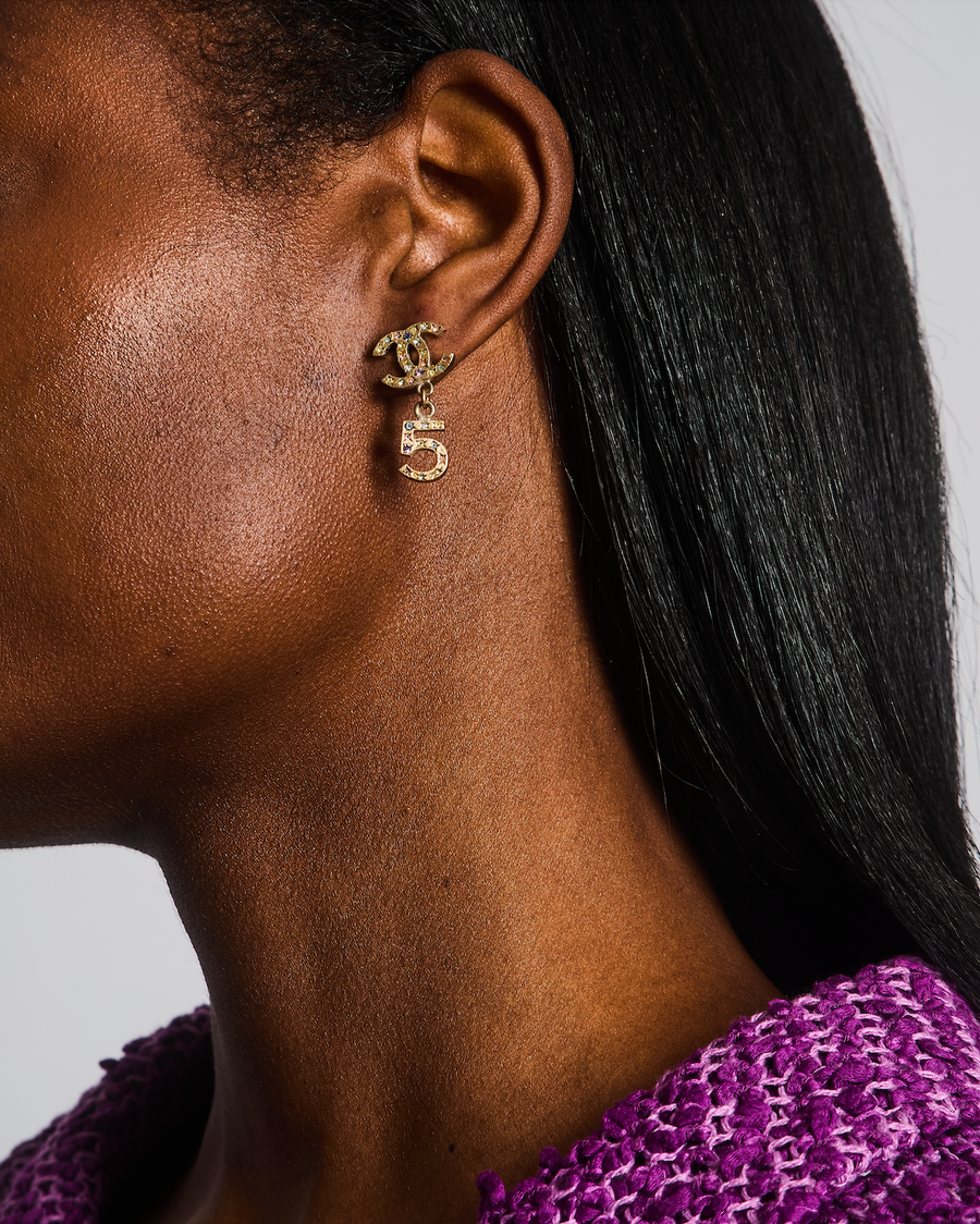 Chanel Vintage 06A Gold and Multicolour Crystal Embellished Pendant Earrings with CC Logo and Number 5 Detail