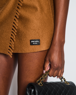 Prada Brown Wraparound Cashmere Mini Skirt with Fringe Detail and Logo Patch Size IT 38 (UK 6)