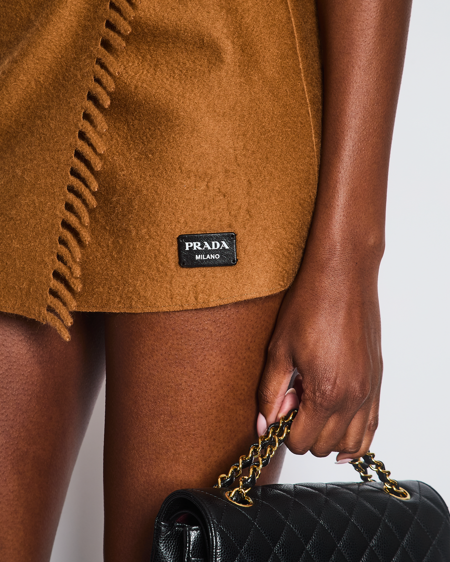 Prada Brown Wraparound Cashmere Mini Skirt with Fringe Detail and Logo Patch Size IT 38 (UK 6)