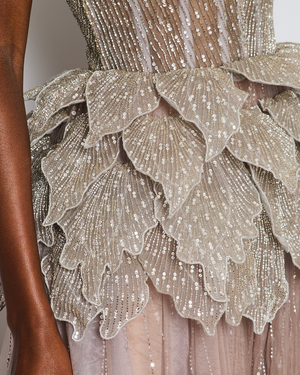 Sophie Couture Light Grey Hand Beaded Strapless Bodice Gown with Silver Leaf Embellishments  IT 40 (UK 8)