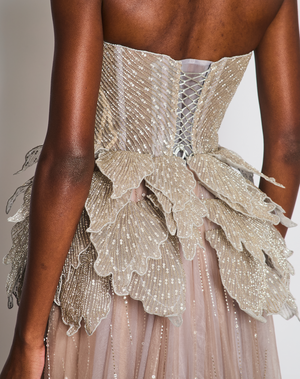 Sophie Couture Light Grey Hand Beaded Strapless Bodice Gown with Silver Leaf Embellishments  IT 40 (UK 8)