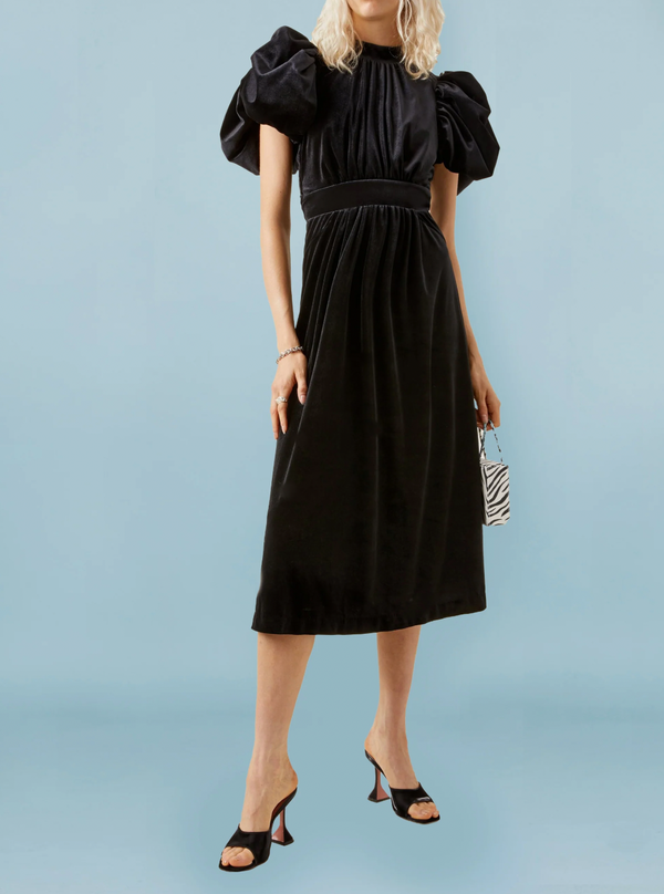 Rotate Black Velours Midi Dress with Puffy Sleeves and Open Back Detail Size FR 42 (UK 14) RRP £500