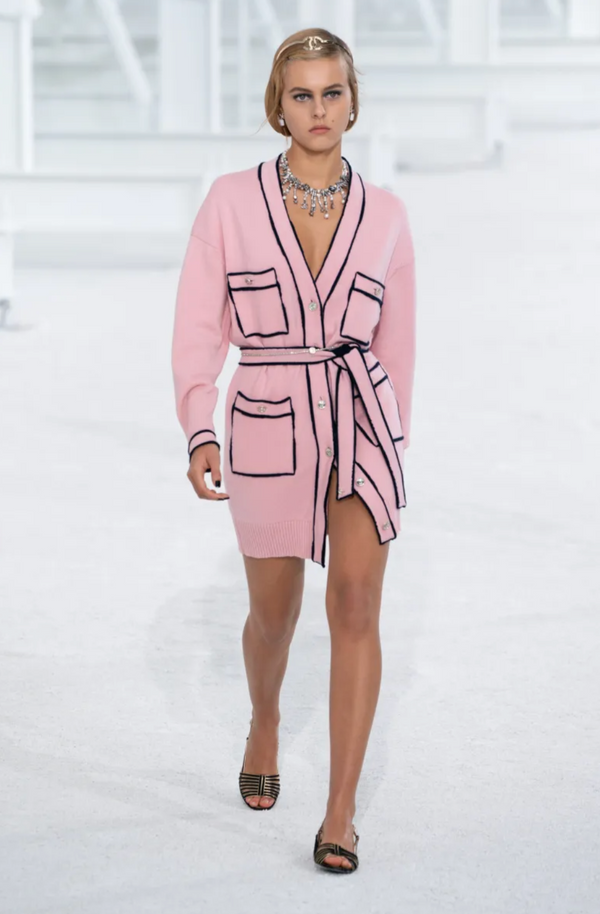 Chanel Spring 2021 Pink Cashmere Long Belted Cardigan with Navy Trim Details and Gold Number 5 Buttons Size FR 38 (UK 10)