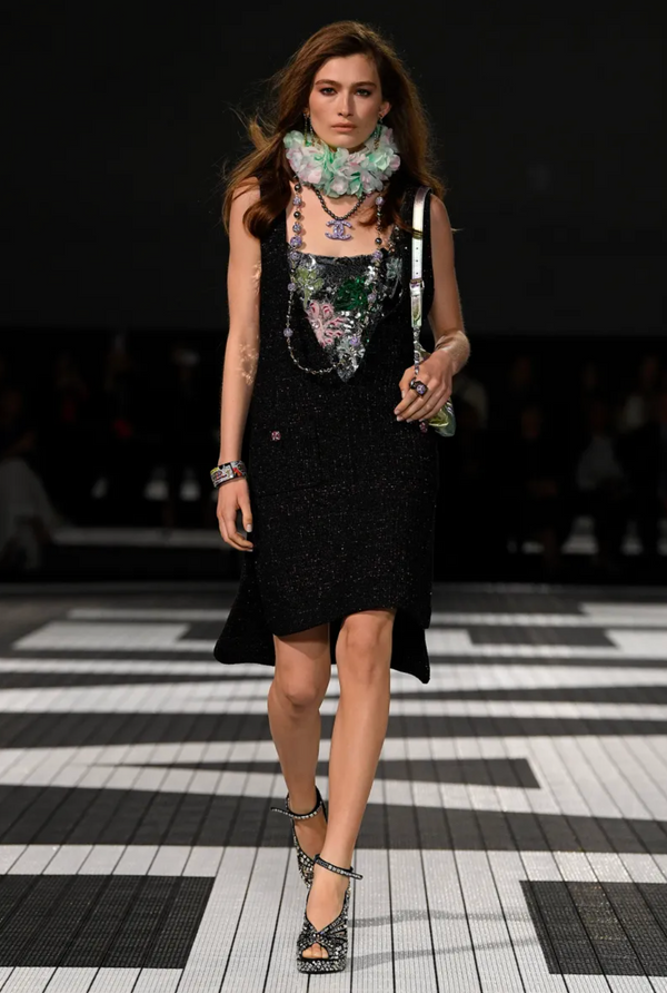 Chanel Resort 2024 Black Embellished Mini Dress with Pink Metallic Details and Crystal CC Logo Buttons Size FR 36 (UK 8)