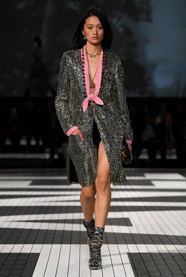 *HOT* Chanel Resort 2024 Silver Mirror Sequins Robe Coat with Detachable Pink Cloth Collar Trim and Sleeve Cuffs with Pink CC Logo Buttons Size FR 38 (UK 10)