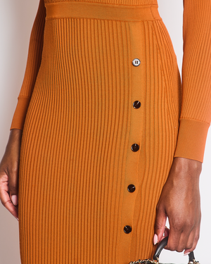 Self Portrait Burnt Orange Ribbed Knit Maxi Dress with Black Buttons Size UK S (UK 8)
