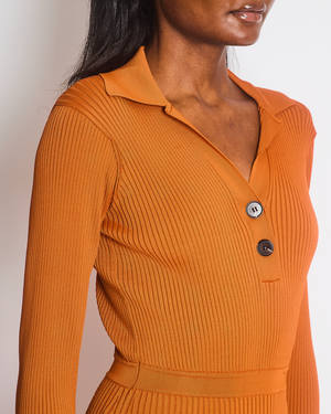 Self Portrait Burnt Orange Ribbed Knit Maxi Dress with Black Buttons Size UK S (UK 8)