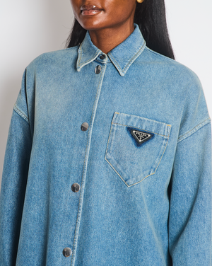Prada Mid Blue Denim Oversized Shirt Dress with Triangle Logo Plaque and Distressed Hem Size IT 36 (UK 4)