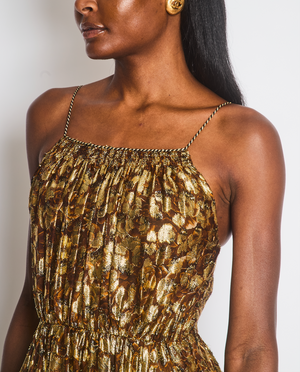 Celine Gold and Brown Georgette Floral Print Maxi Open Back Dress Size FR 36 (UK 8)