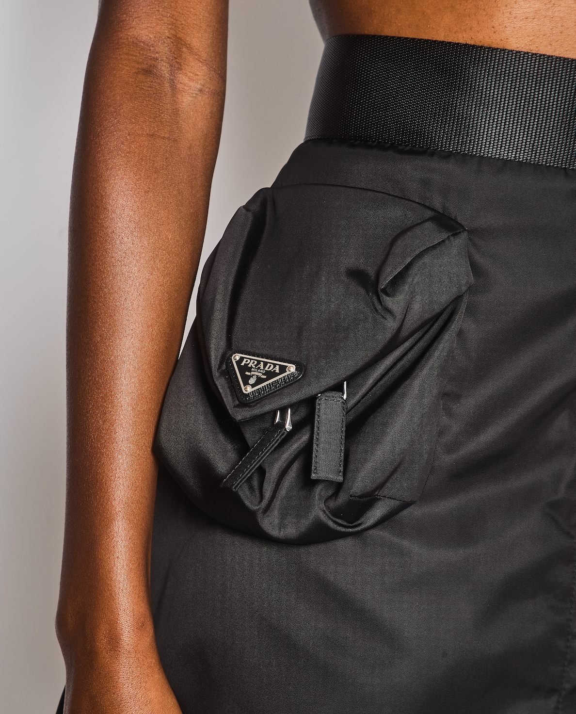 Prada Re-Nylon Black Belted Nylon Skirt with Logo Pouch Pocket