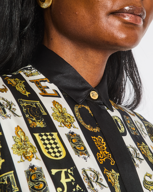 Versace White, Black and Yellow Silk Short Sleeve with Letter Print and Belt Size IT 38 (UK 6)