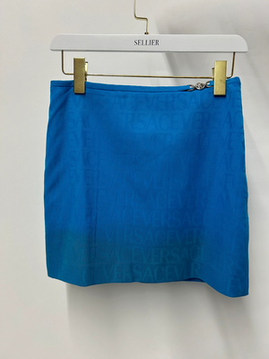 Versace x Dua Lipa Bright Blue La Vacanza 2023 Logo Printed Blazer Jacket and Mini Skirt Set Size IT 36 (UK 4) RRP £3,000