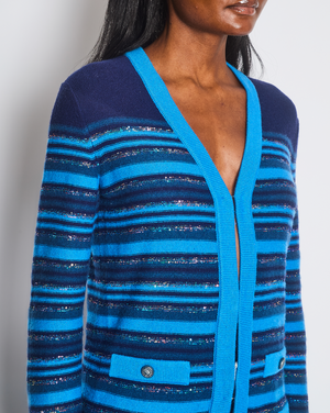 Chanel 20C Blue and Navy Cashmere Striped Long Cardigan with Multicolour Sequins Detail and Silver Camelia CC Buttons Size FR 36 (UK 8)
