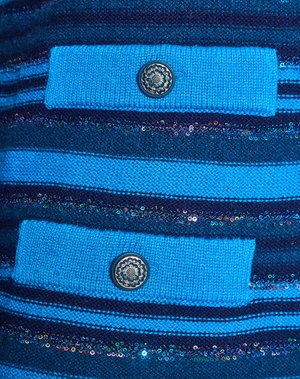 Chanel 20C Blue and Navy Cashmere Striped Long Cardigan with Multicolour Sequins Detail and Silver Camelia CC Buttons Size FR 36 (UK 8)