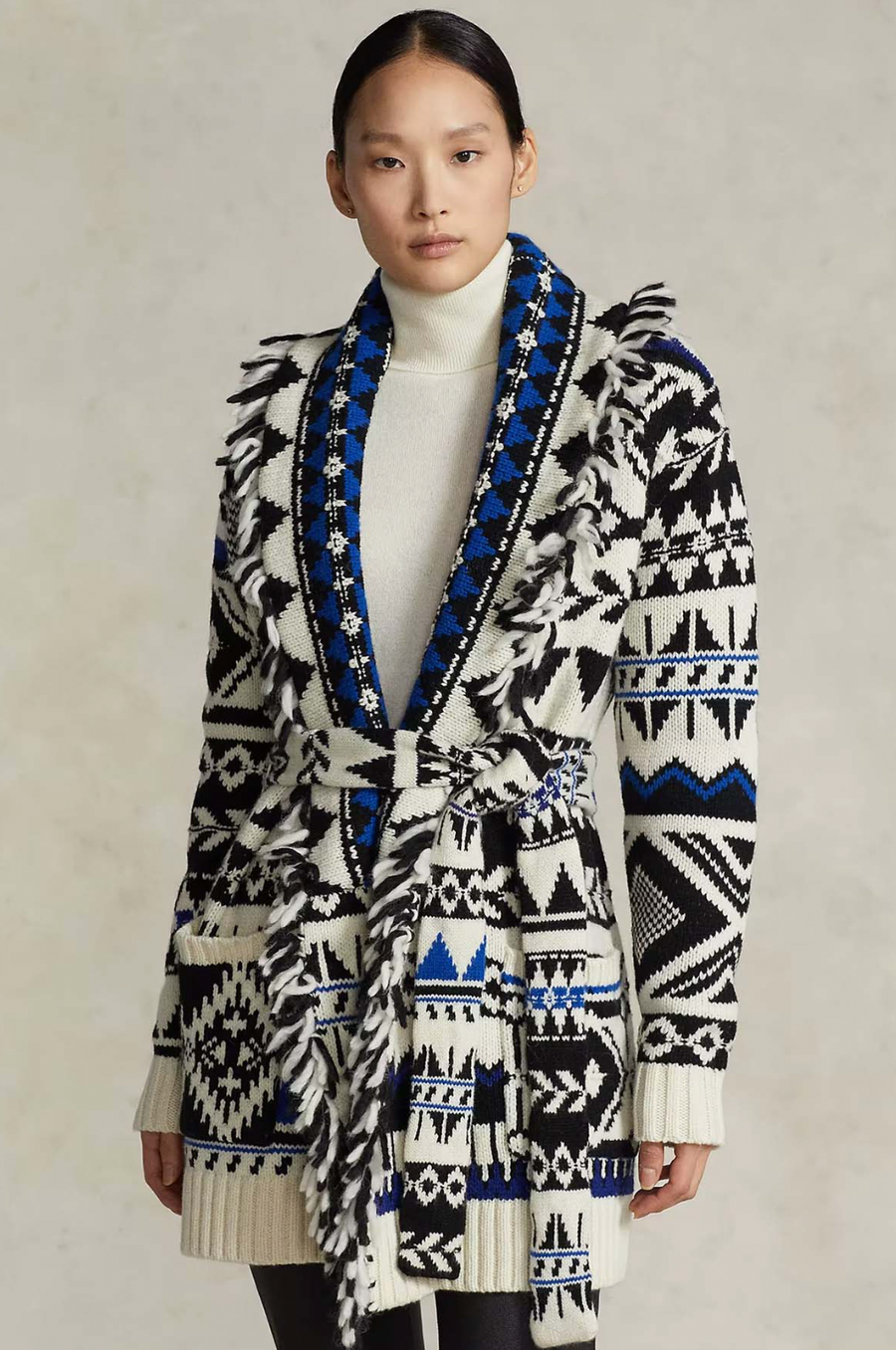 Polo Ralph Lauren White, Blue, and Black Wool-Blend Belted Cardigan with Fringe Trim Detail Size M (UK 10) RRP £795